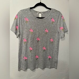 H&M Women’s Pink & Gold Sequin Flamingo Short Sleeve Shirt Top